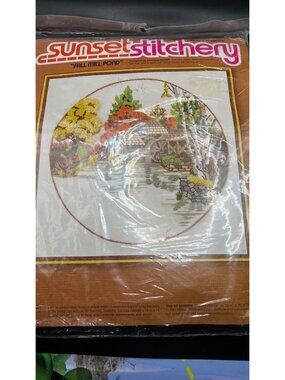 Sunset Stitchery Fall Mill Pond Crewel Embroidery Kit 16” X 16" Yarn Needle Incl
